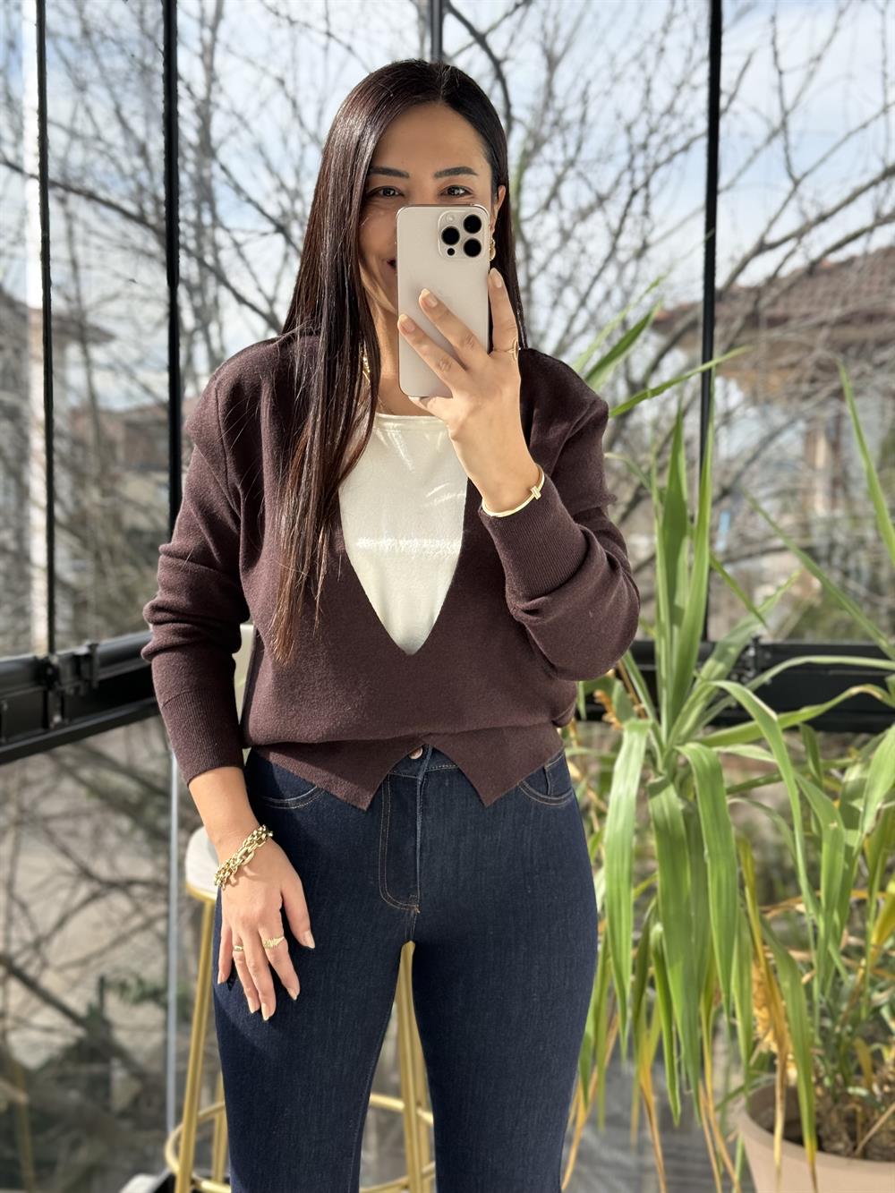 Çift Parça Görünümlü Triko Kahve