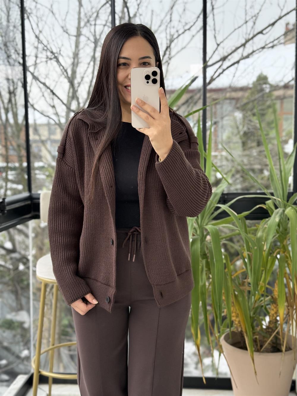 Düğmeli Selanik Örgü Ceket Hırka Kahve