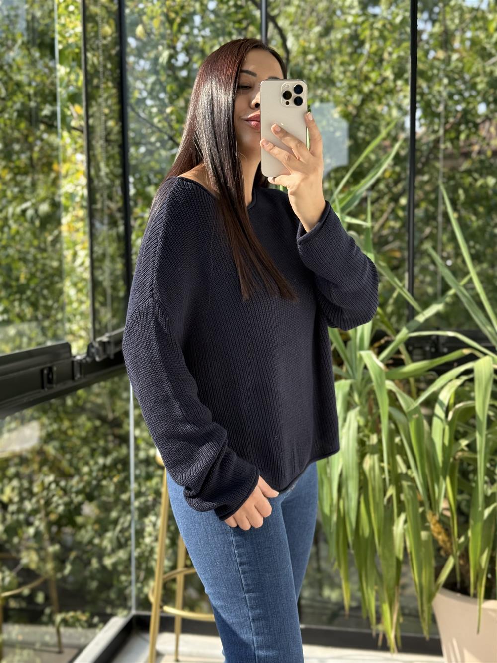 Dilvin Kayık Yaka Basic Triko Kazak Lacivert