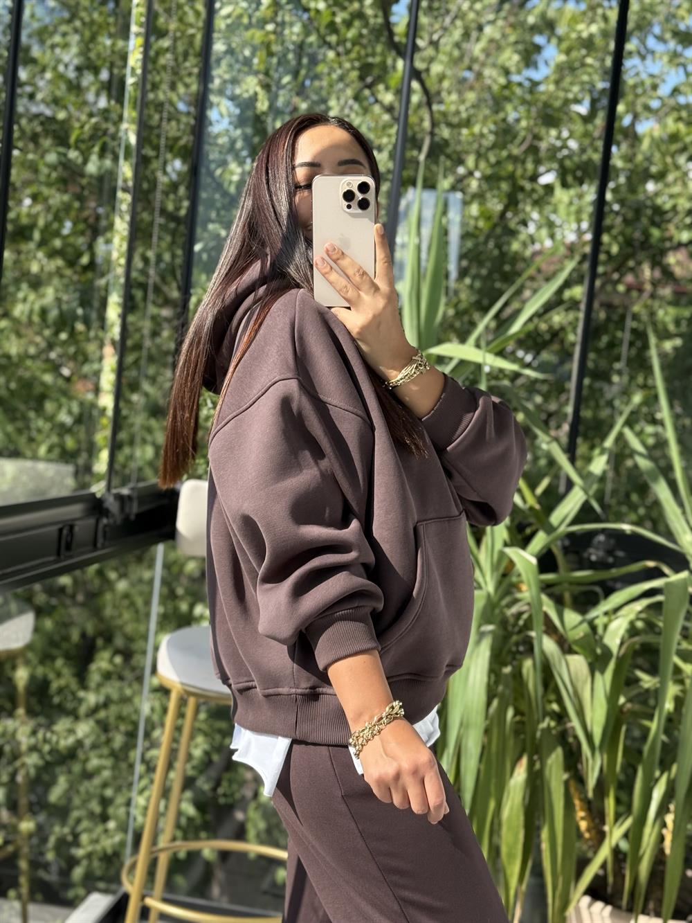 Kanguru Cep Kapşonlu Sweatshirt Kahve