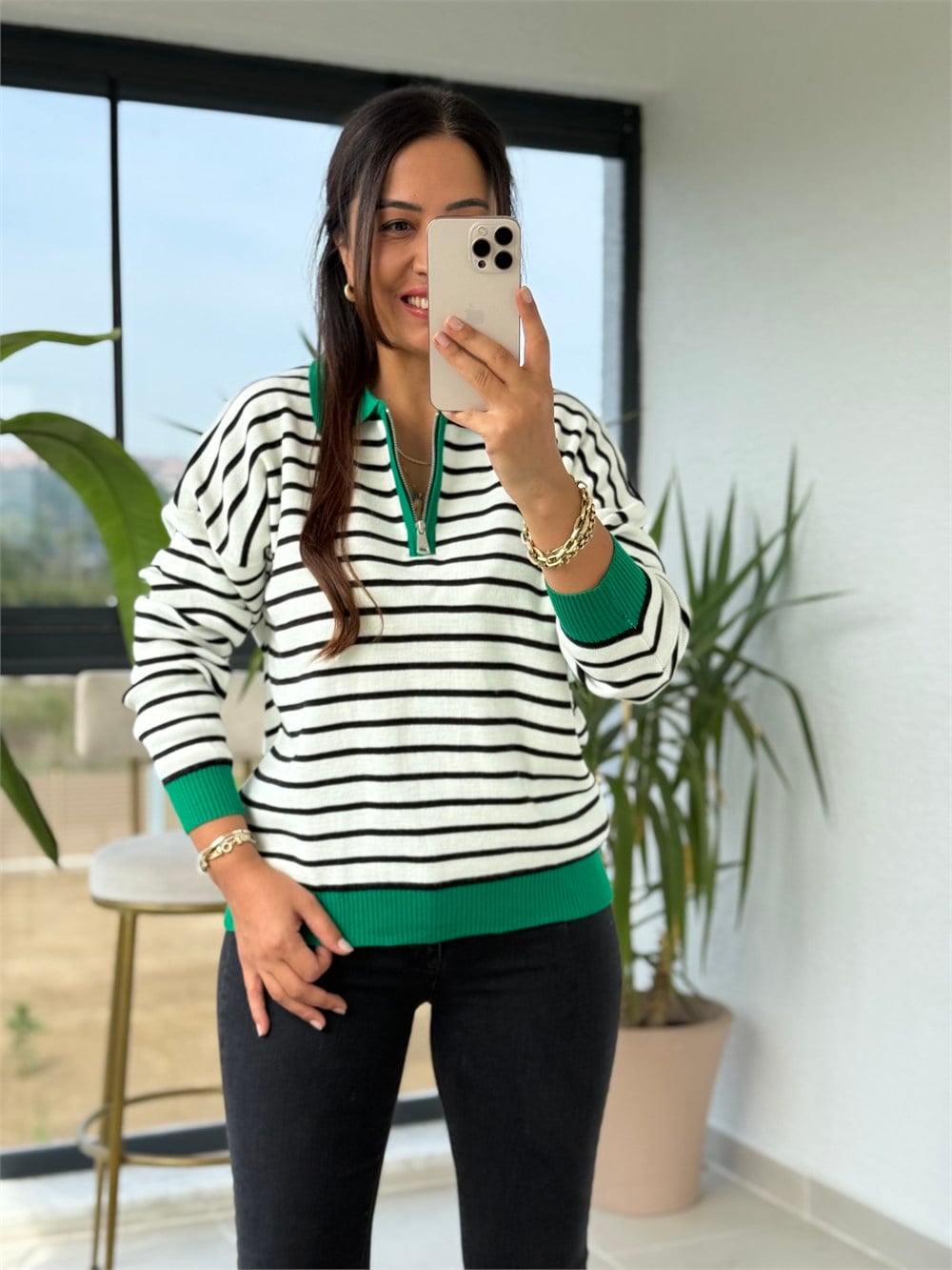 Polo Yaka Çizgili Renk Detaylı Sweatshirt Yeşil