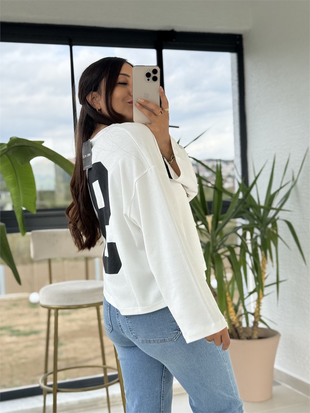 91 Baskılı Basic Sweatshirt Beyaz