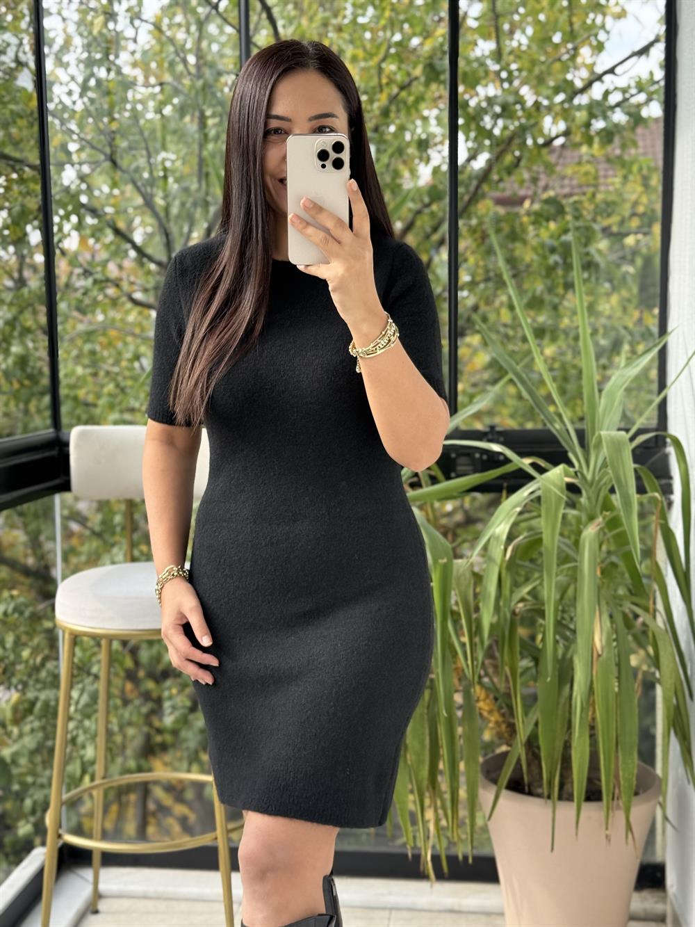 Dilvin Yumuşak Dokulu Kısa Kol Triko Elbise Siyah