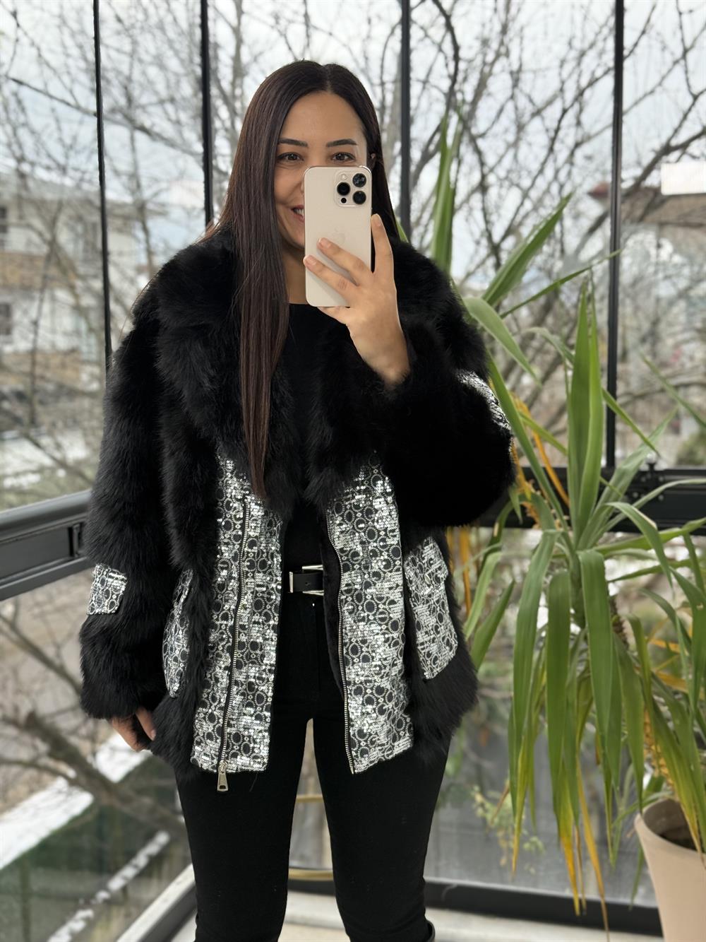 İthal Kruvaze Fermuarlı Payetli Kürk Siyah