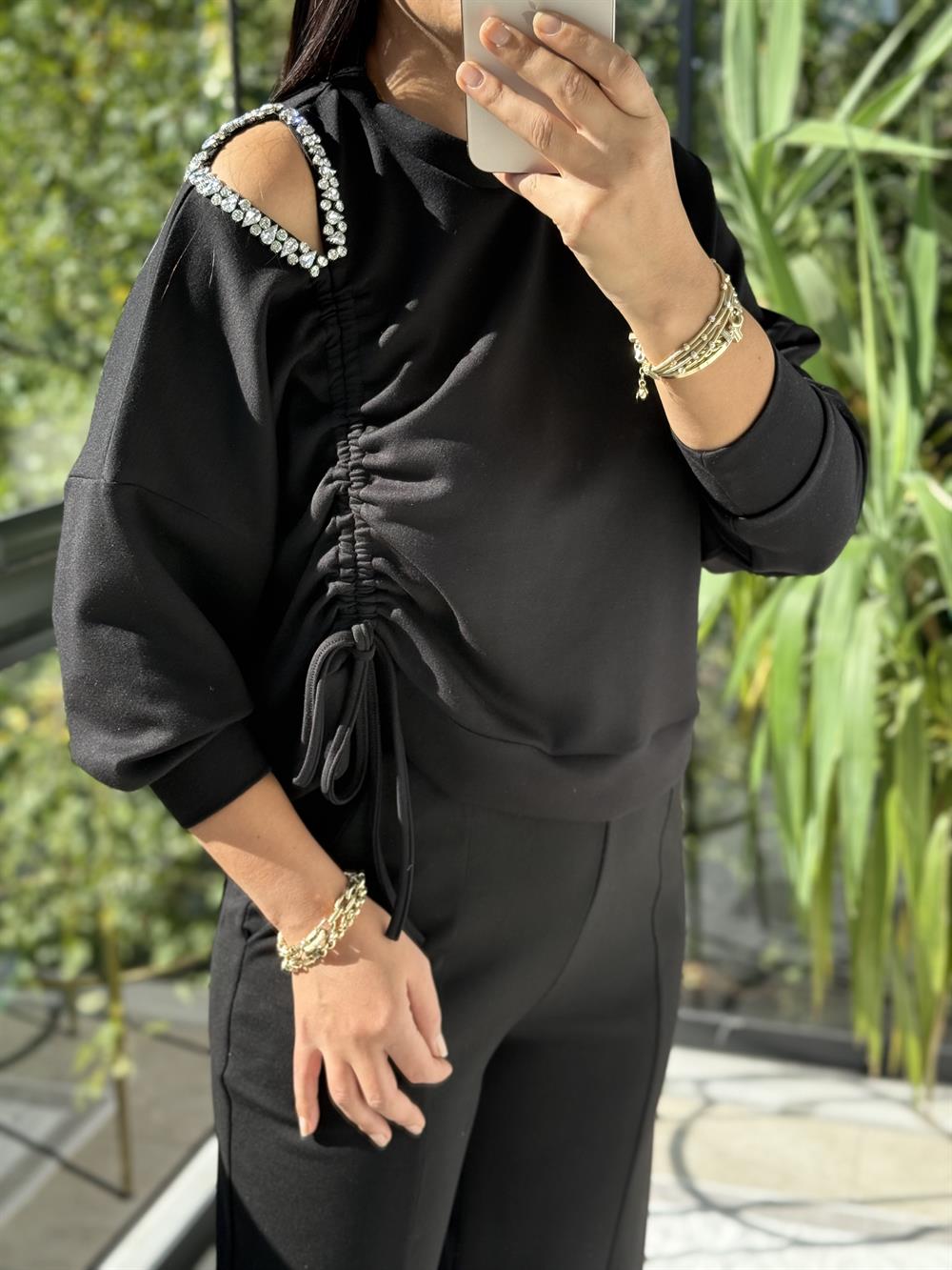 Taş Detay Kordonlu Modal Sweatshirt Siyah