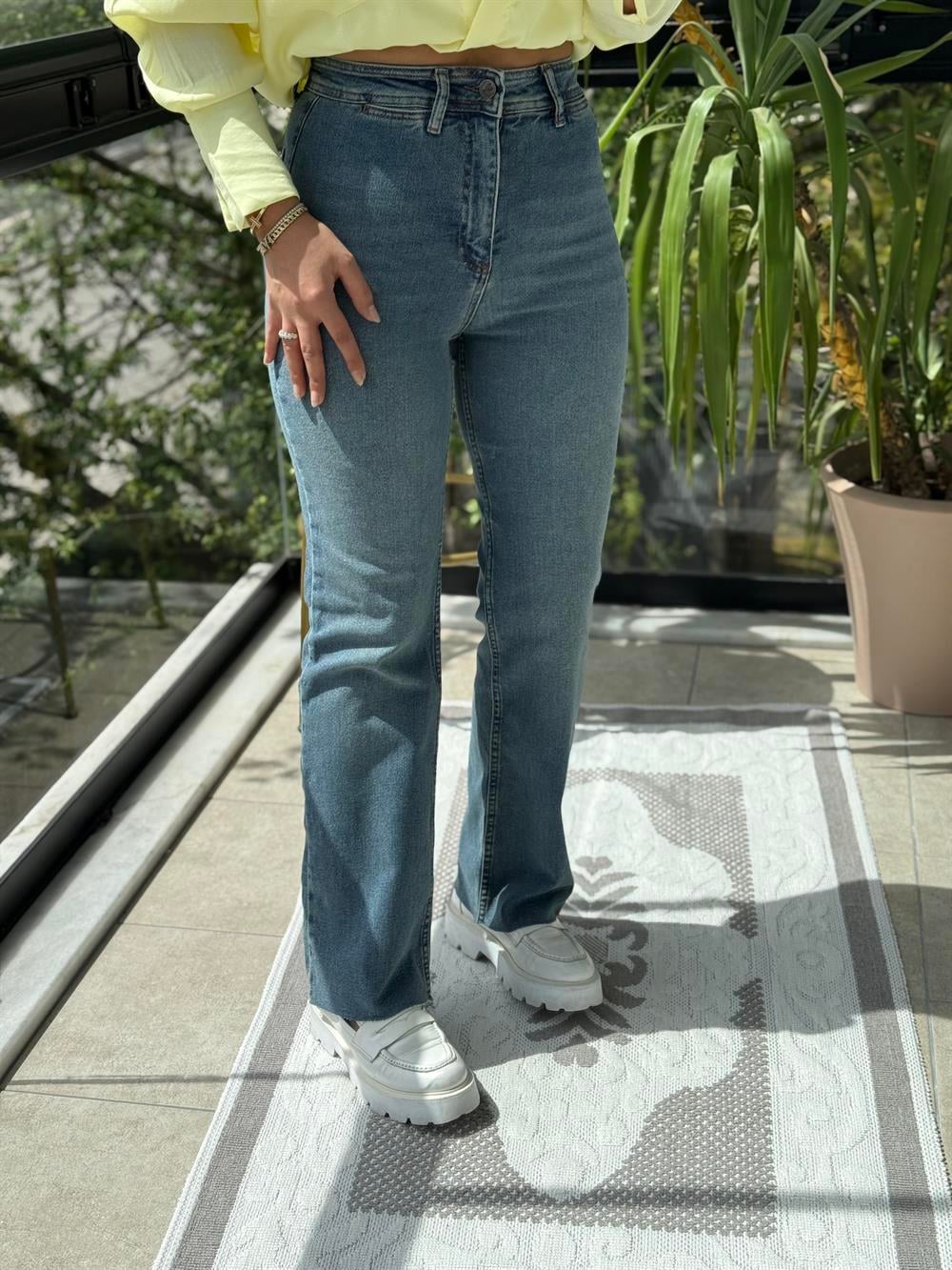 Dekoratif Cep Detaylı Palazzo Kot Pantolon Mavi Yıkama