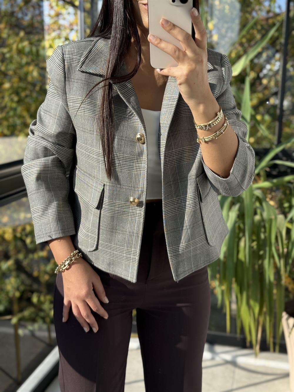 Ekose Top Düğme Crop Ceket Kahve