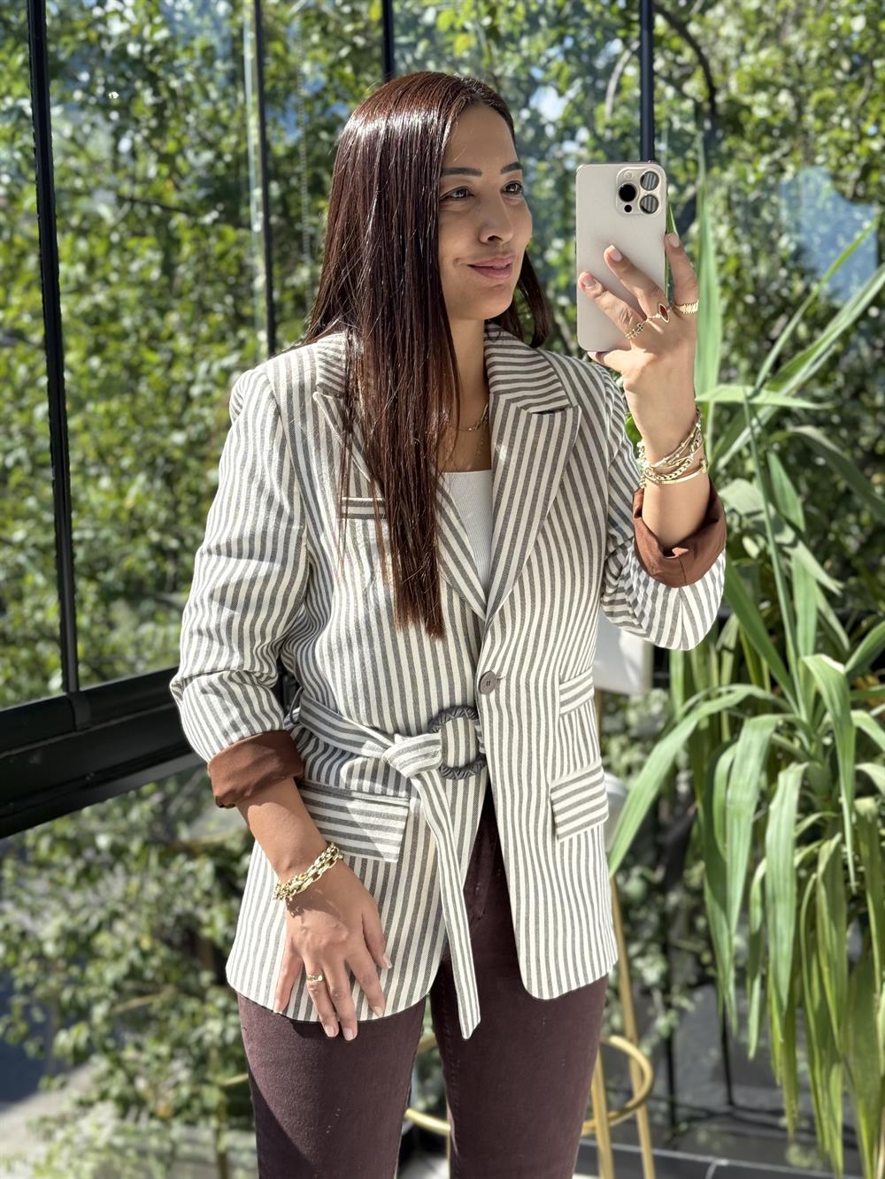 Çizgili Keten Ceket Kahve