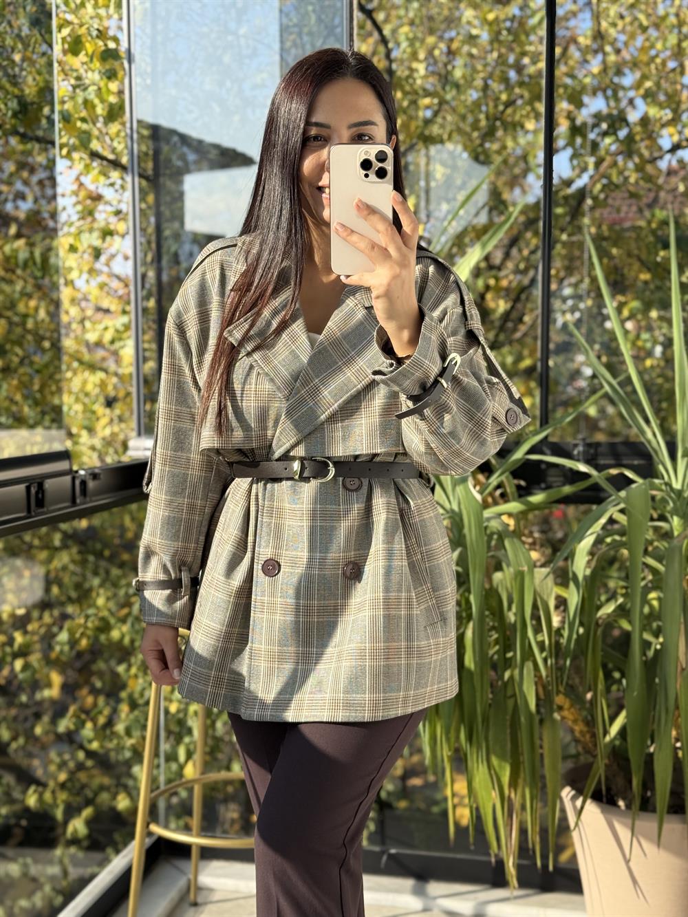 Ekose Kemerli Trenç Kahve