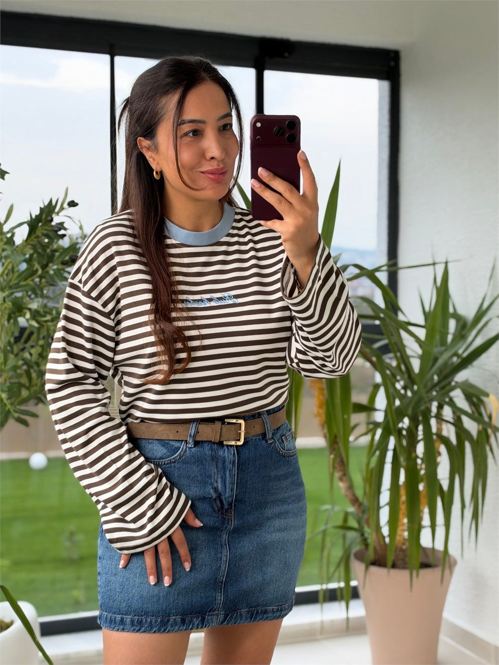 Biyeli Çizgili Sweatshirt Kahve
