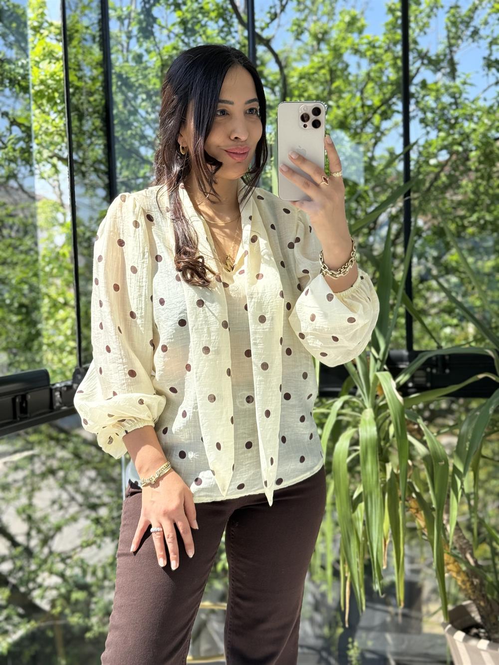 Puantiyeli Bağlamalı Bluz Bej