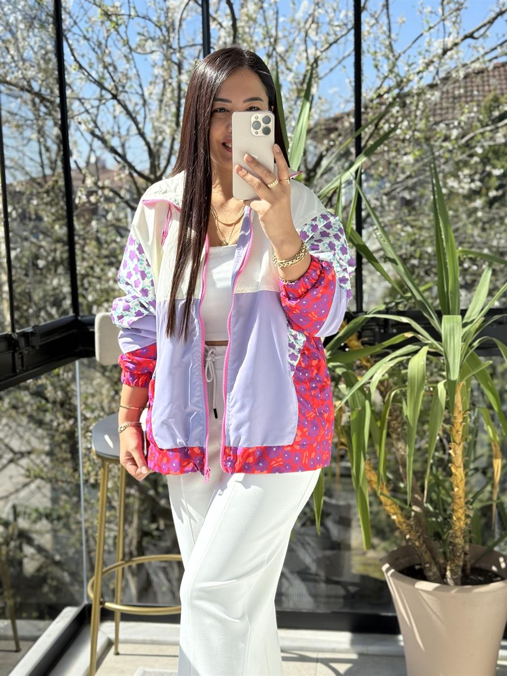 Çiçek Desenli Neon Ceket Lila