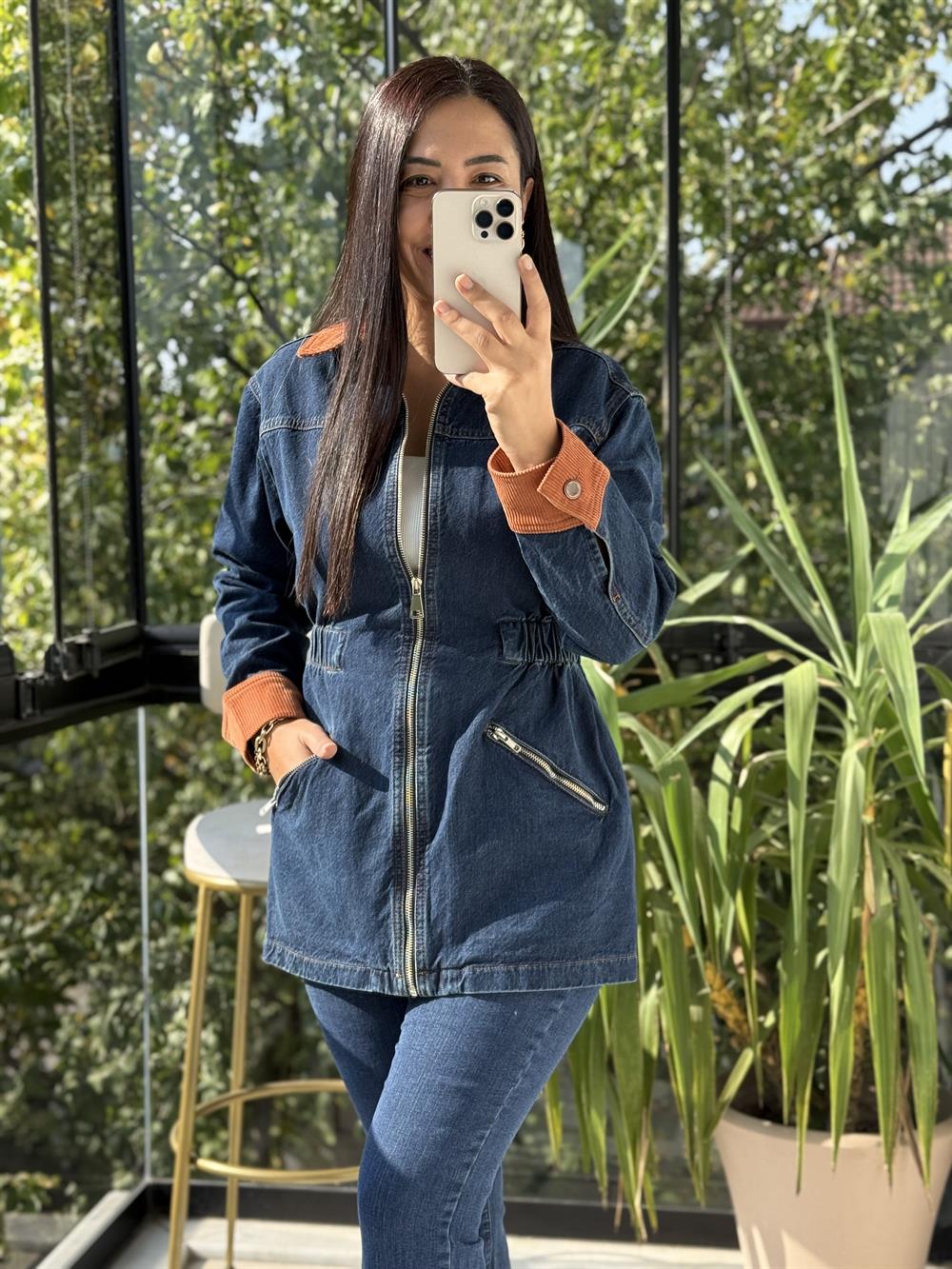 Kadife Detaylı Fermuarlı Kot Ceket Lacivert