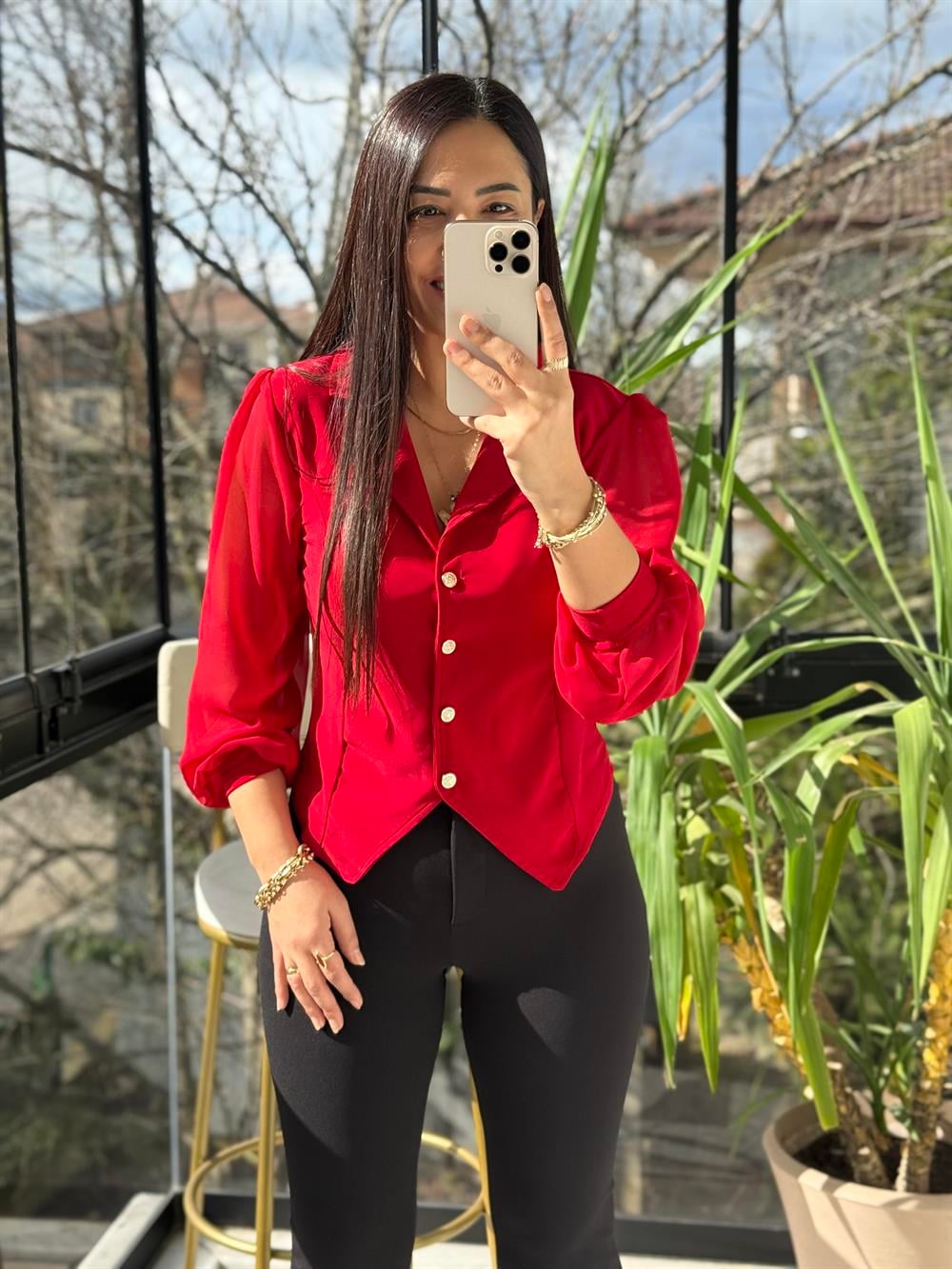 Kolları Tül Detaylı Bluz Kırmızı