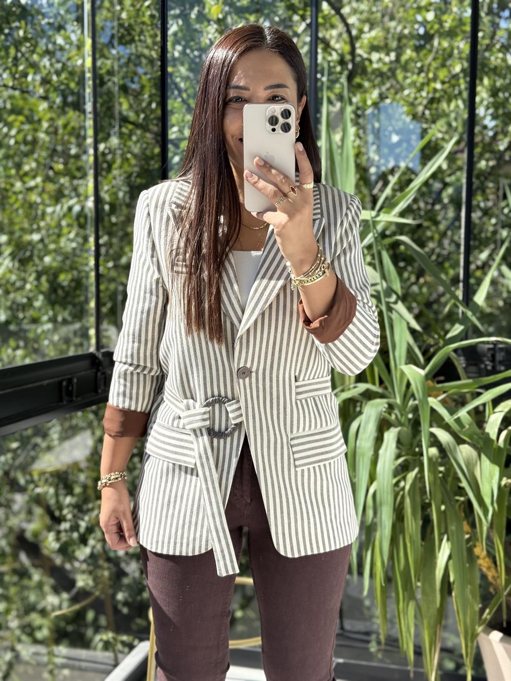 Çizgili Keten Ceket Kahve