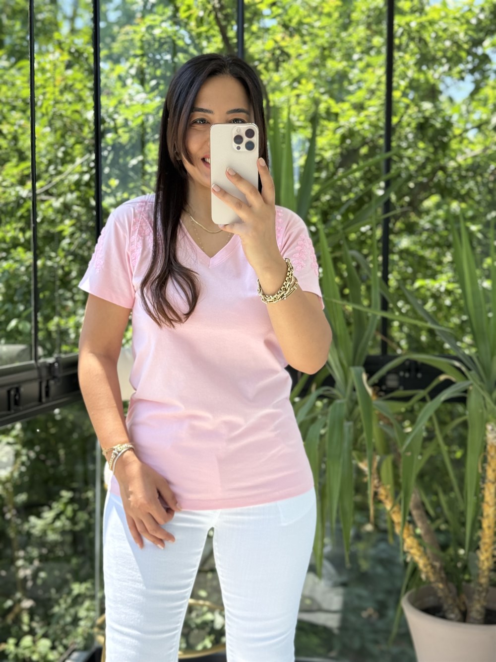 Flora Boncuk Detaylı Tişört Pembe