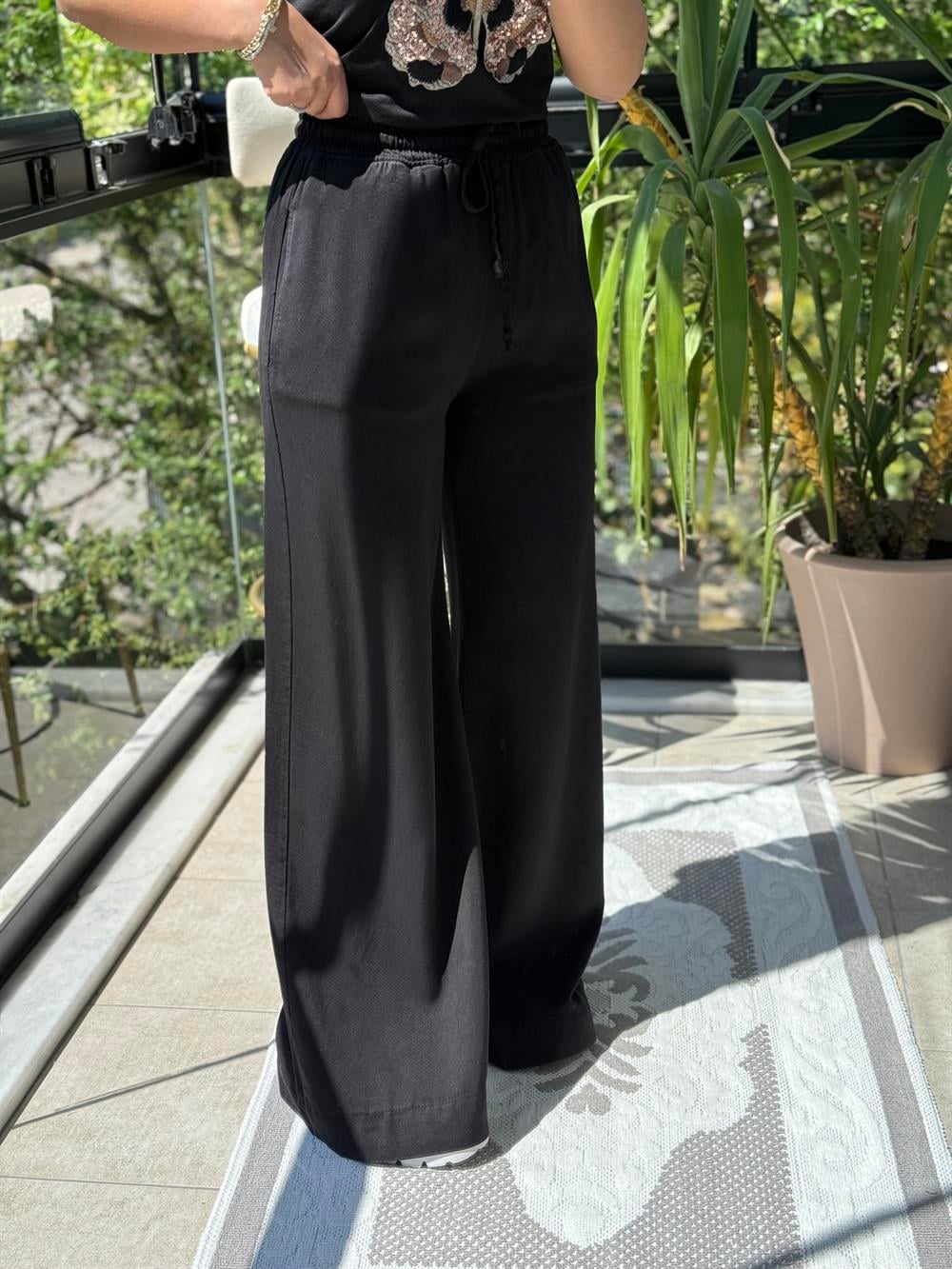 Lastikli Palazzo Pantolon Siyah