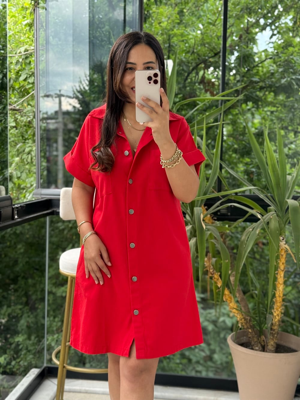 Gabardin Gömlek Yaka Elbise Kırmızı
