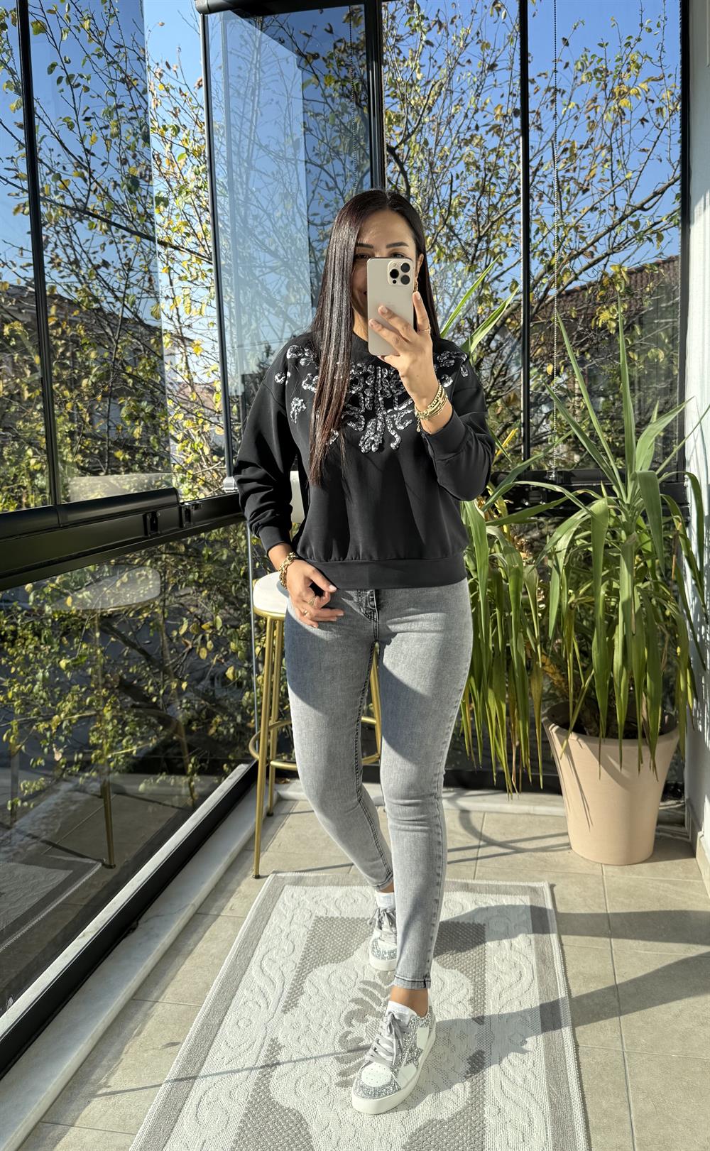 Payetli Modal Sweatshirt Antrasit