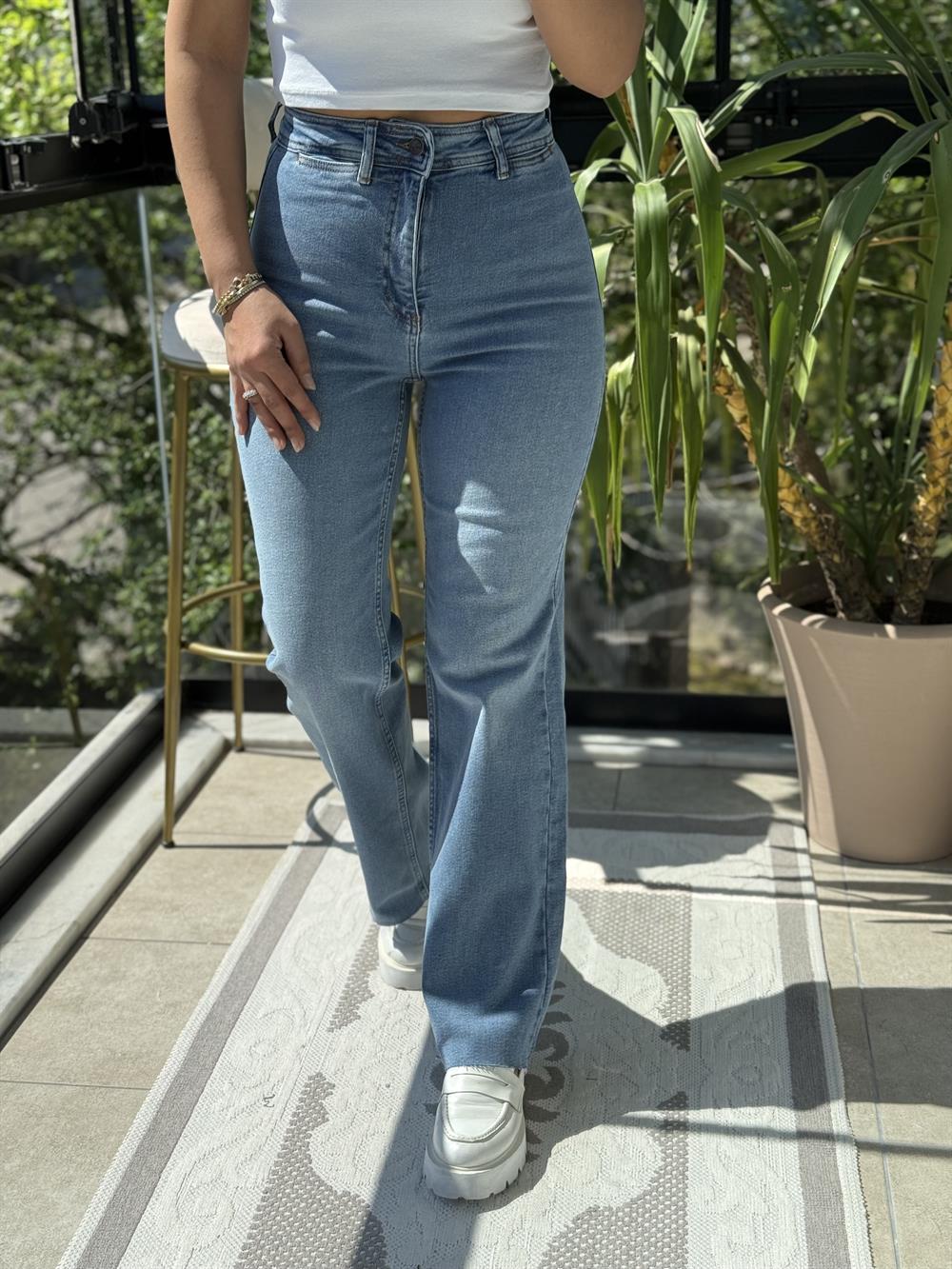 Dekoratif Cep Detaylı Palazzo Kot Pantolon Açık Mavi