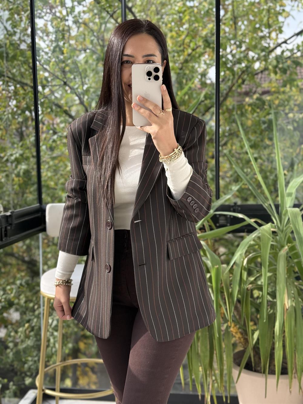 İki Düğmeli Çizgili Yün Blazer Ceket Kahve