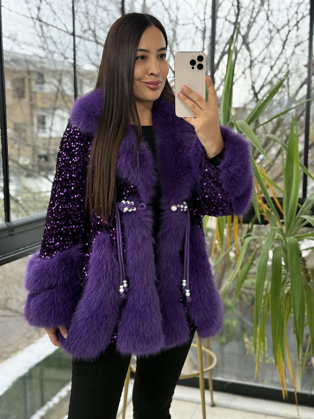 İthal Full payetli Kürk Mor