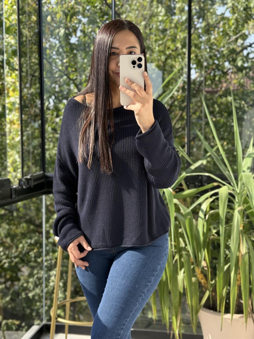 Dilvin Kayık Yaka Basic Triko Kazak Lacivert