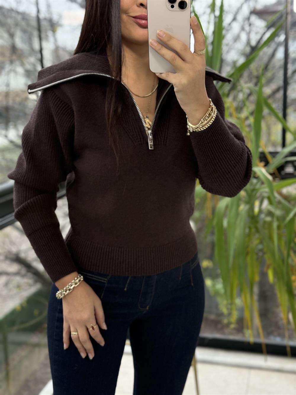 Fermuarlı Crop Triko Kazak Kahve