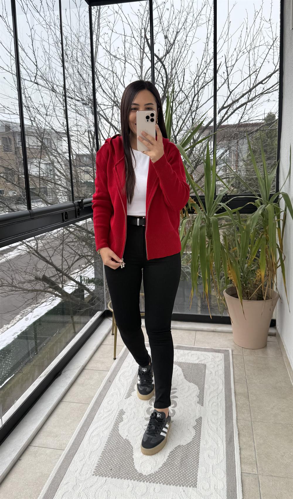 Çift Fermuarlı Kapüşonlu Yumoş Basic Hırka Kırmızı