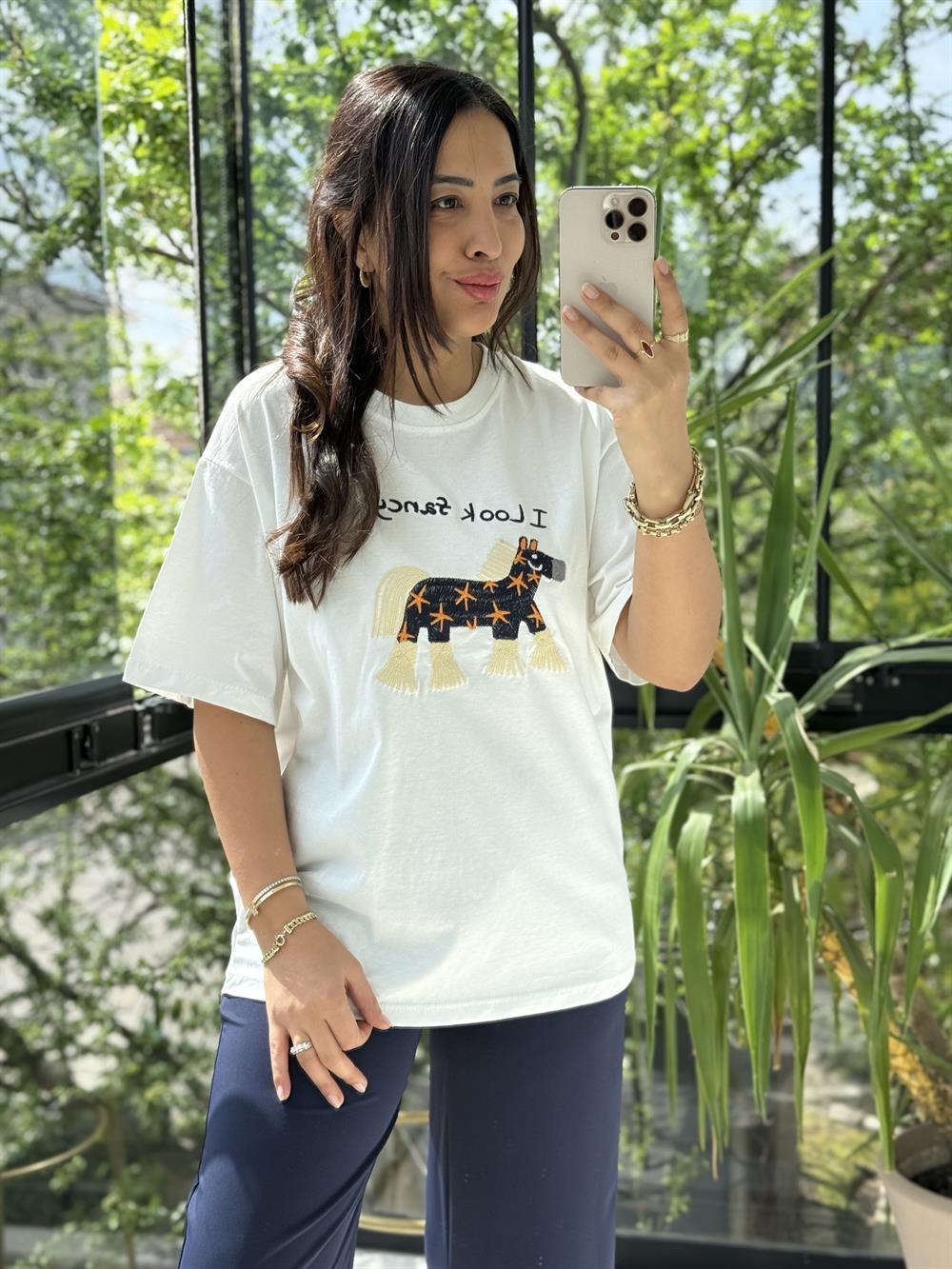 At Nakışlı Pamuklu Tişört Beyaz