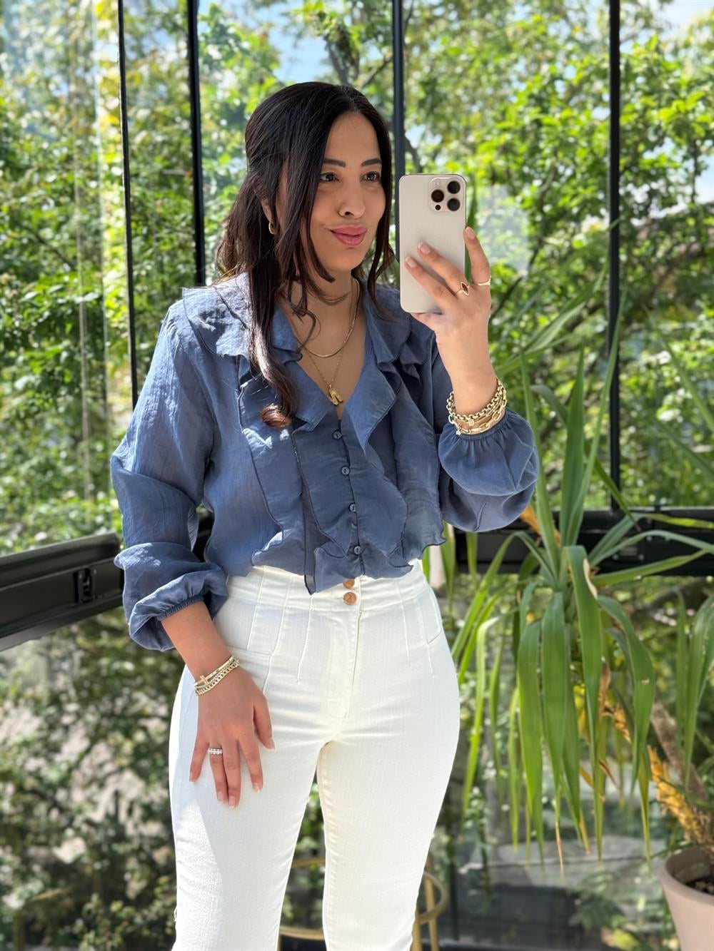 V Yaka Önü Fırfırlı Bluz İndigo Mavi