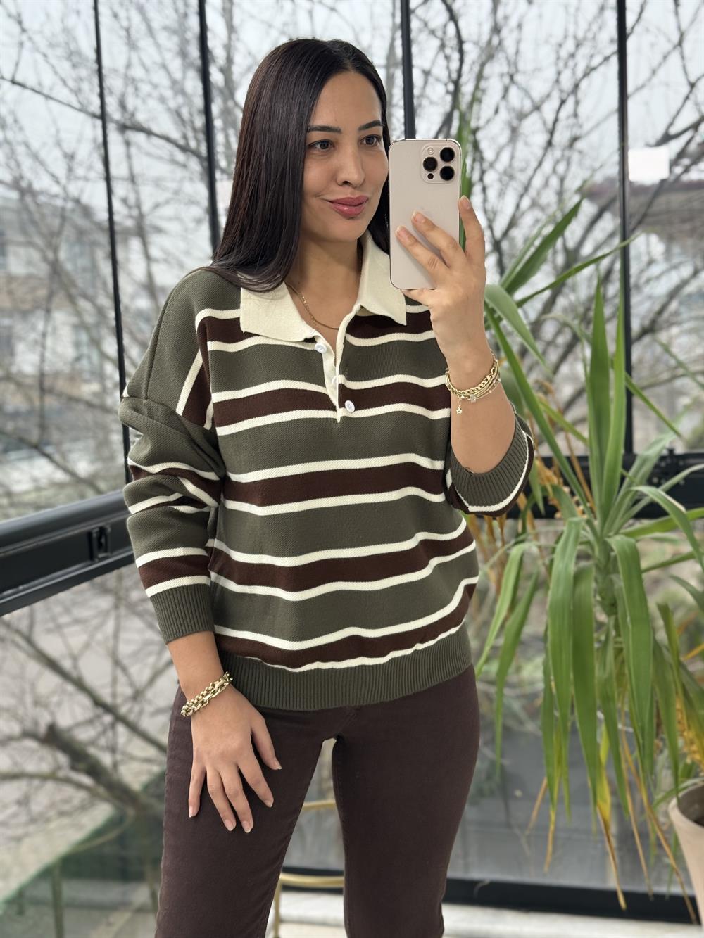 Polo Yaka Çizgili Triko Kazak Haki Yeşili