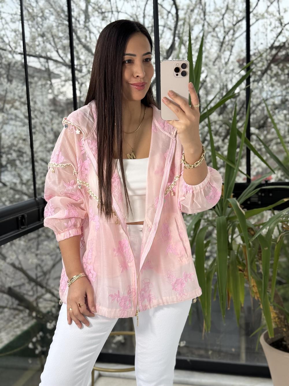 Pullu Nakışlı Ceket Pembe