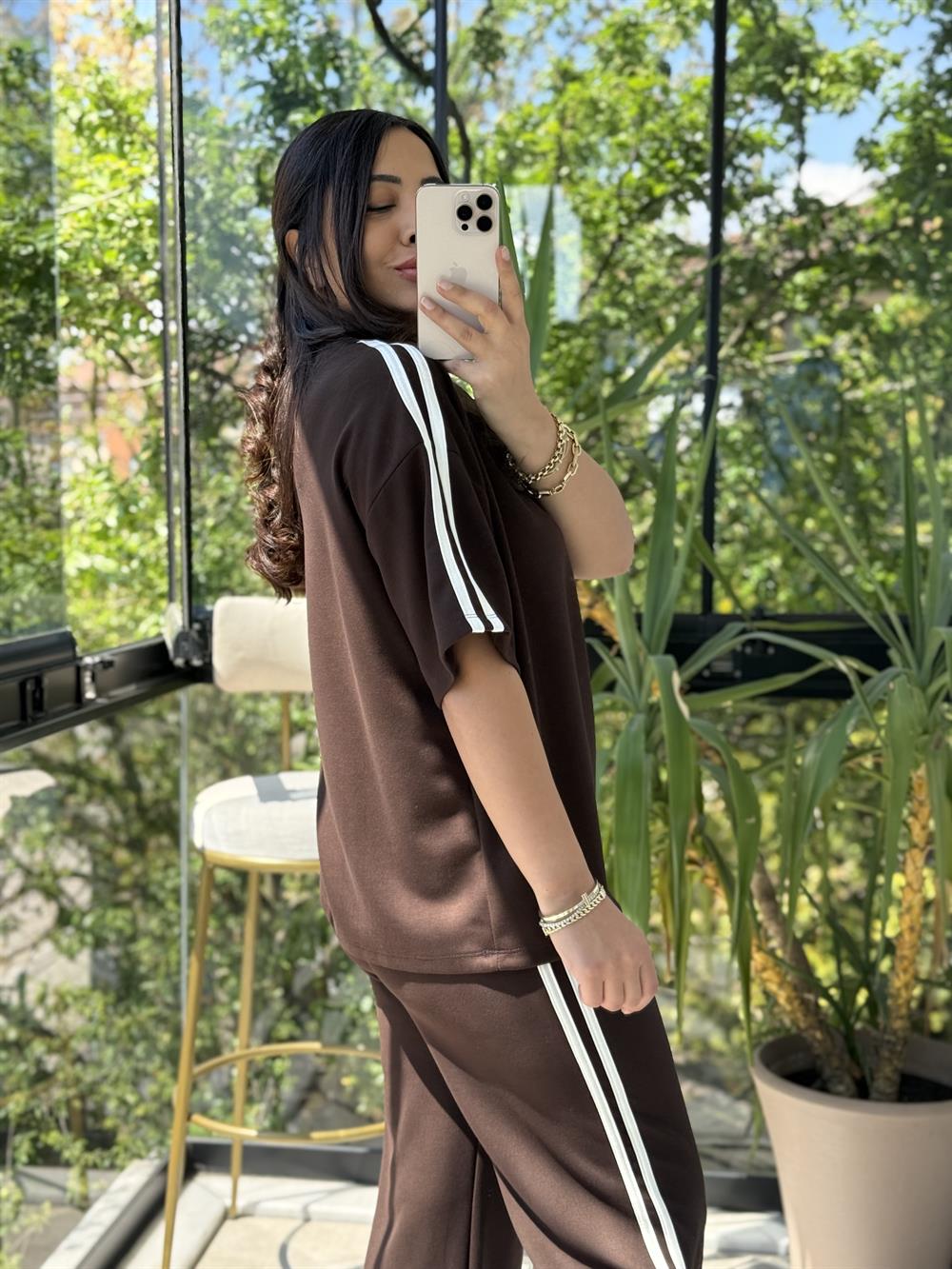 Şerit Detaylı Cool Takım Kahve