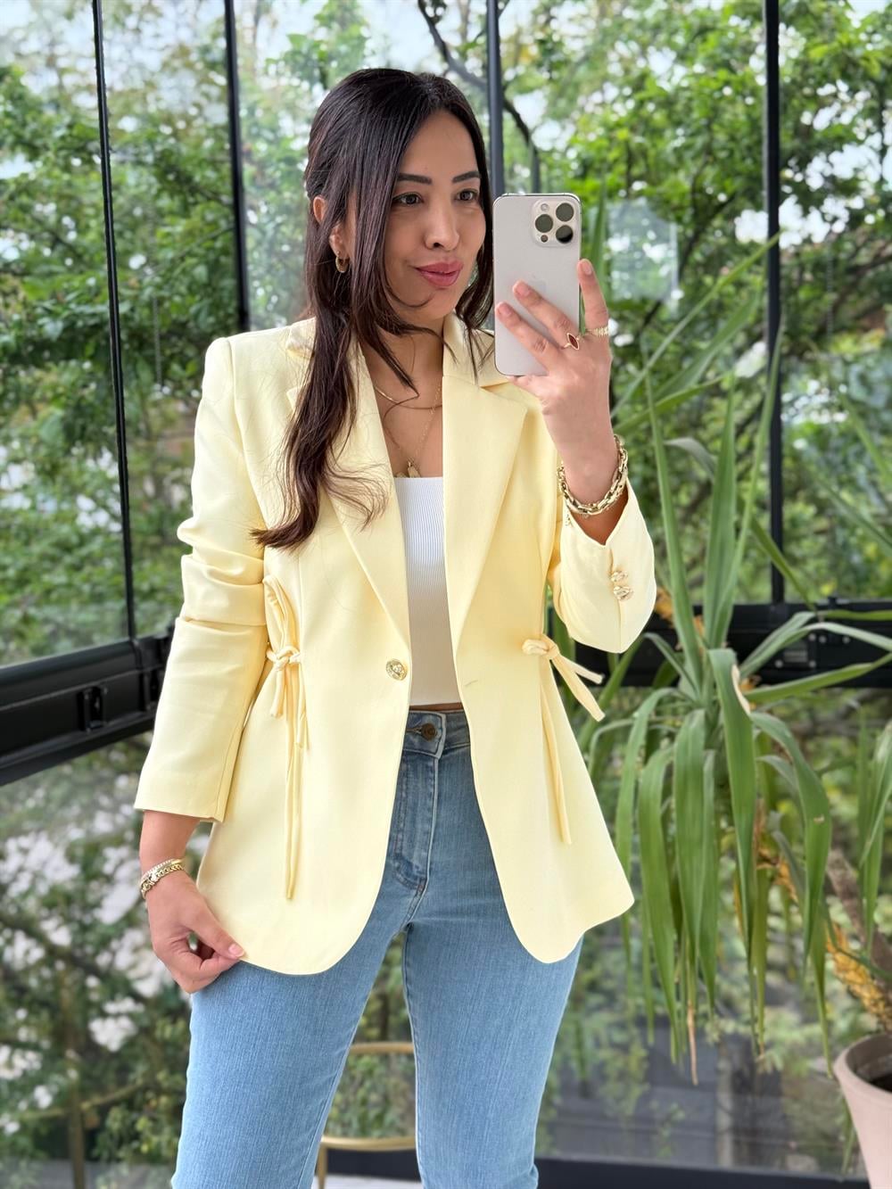 Yanı Bağcıklı Slim Blazer Ceket Sarı