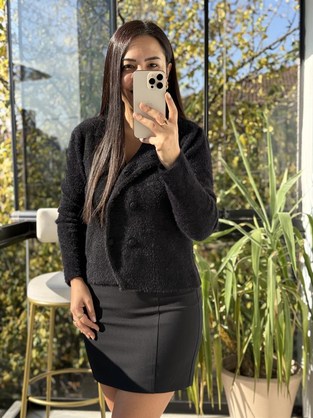 Çift Düğmeli Angora Hırka Siyah