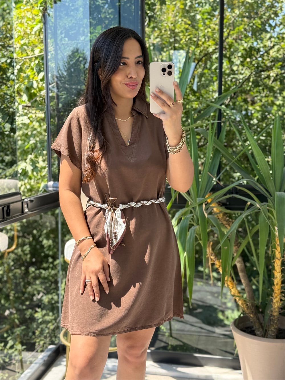 V Yakalı Kolsuz Mini Elbise Yıkamalı Kahve