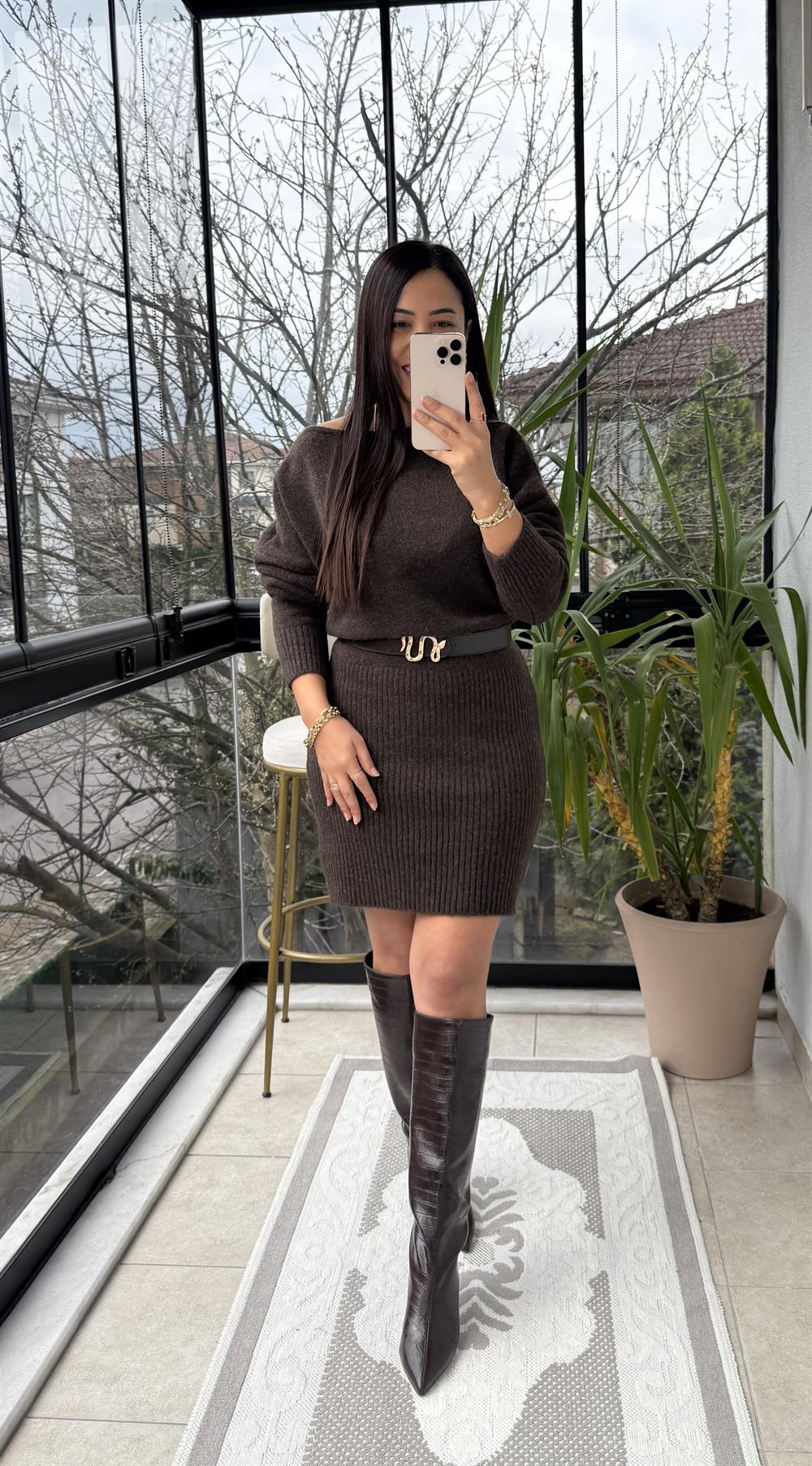 Kısa Kazak Elbise Kahve