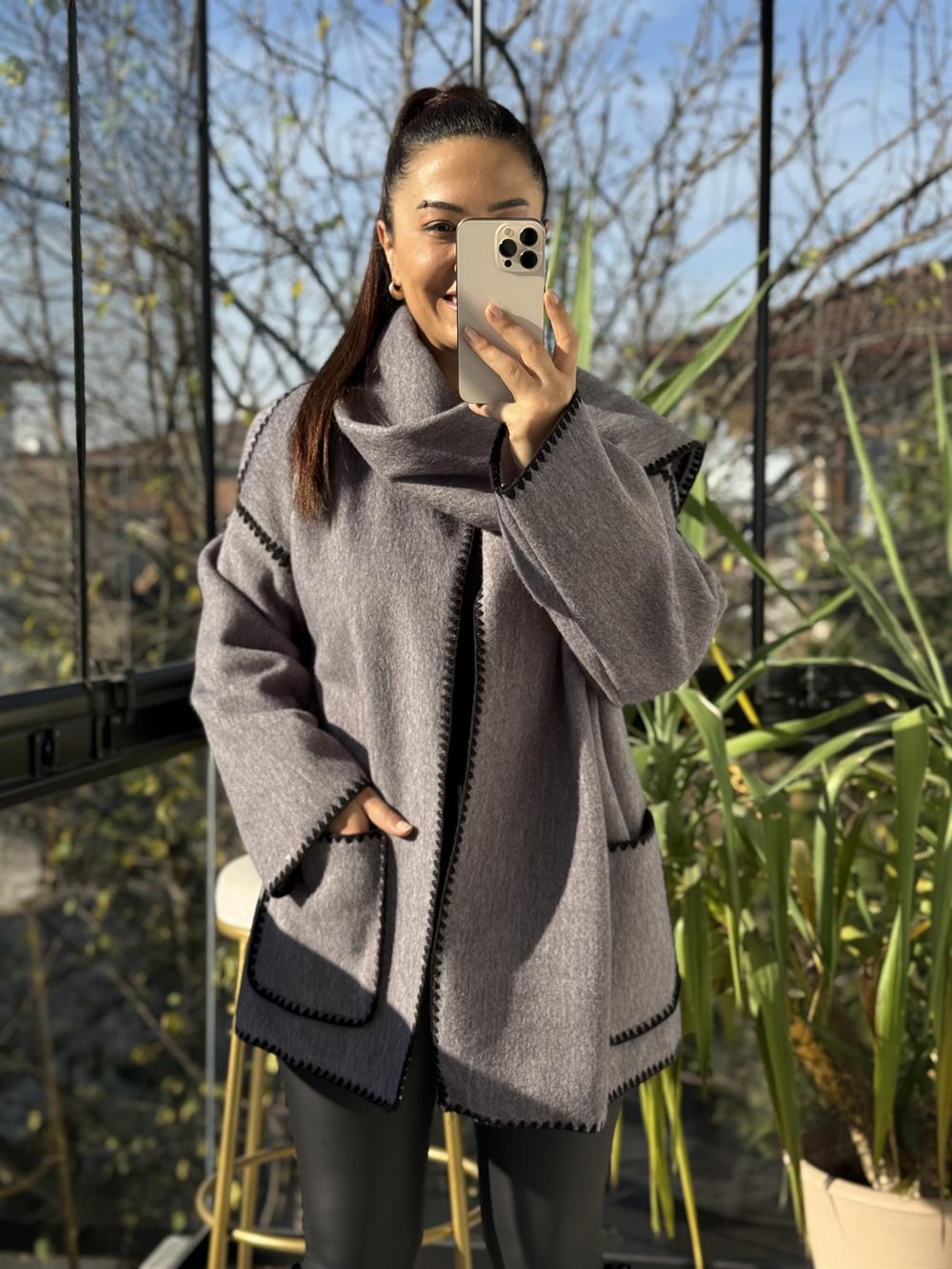 Şal Yaka Kaşe Kimono Ceket Gri