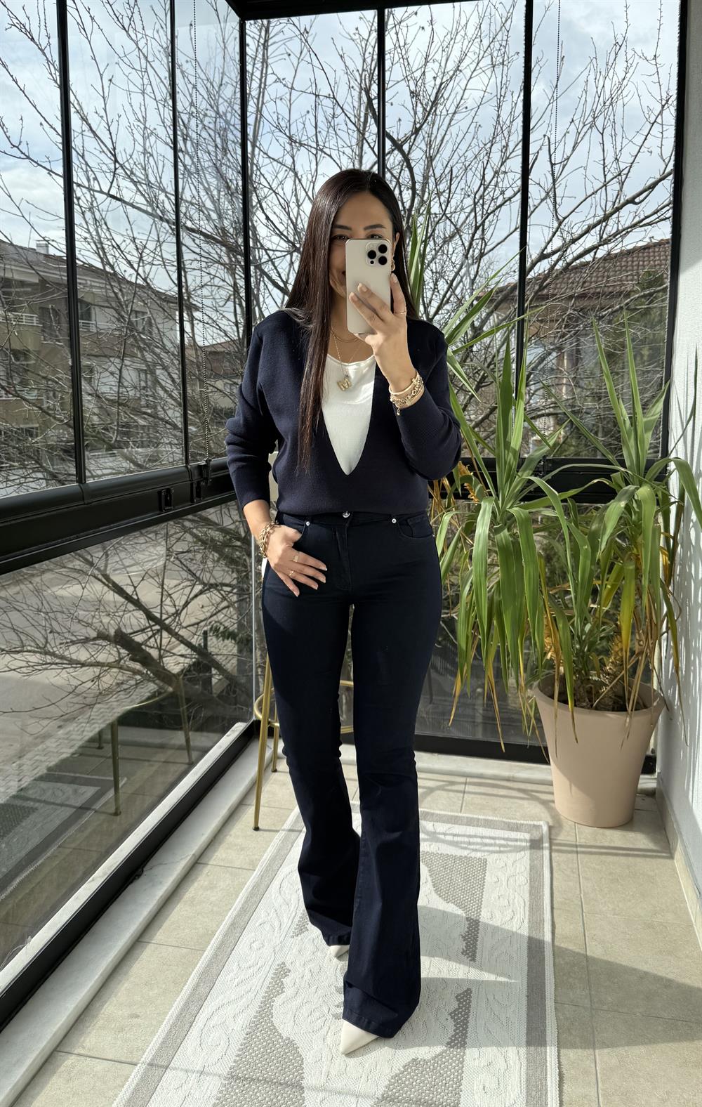 Çift Parça Görünümlü Triko Lacivert