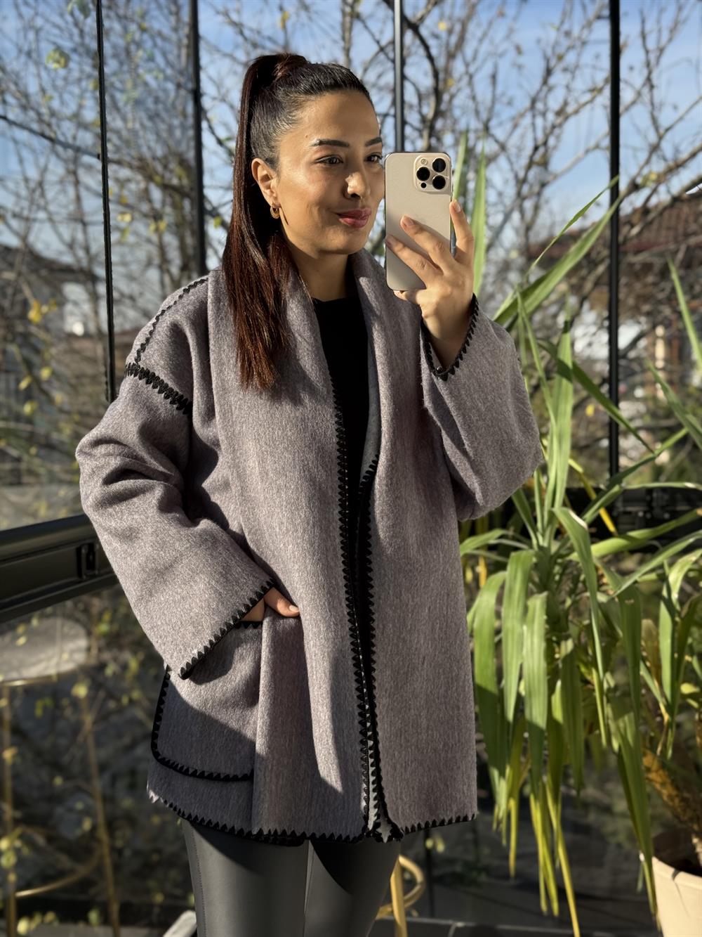 Şal Yaka Kaşe Kimono Ceket Gri