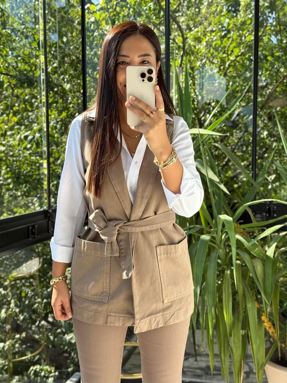 Kuşaklı Kruvaze Yaka Yelek Vizon