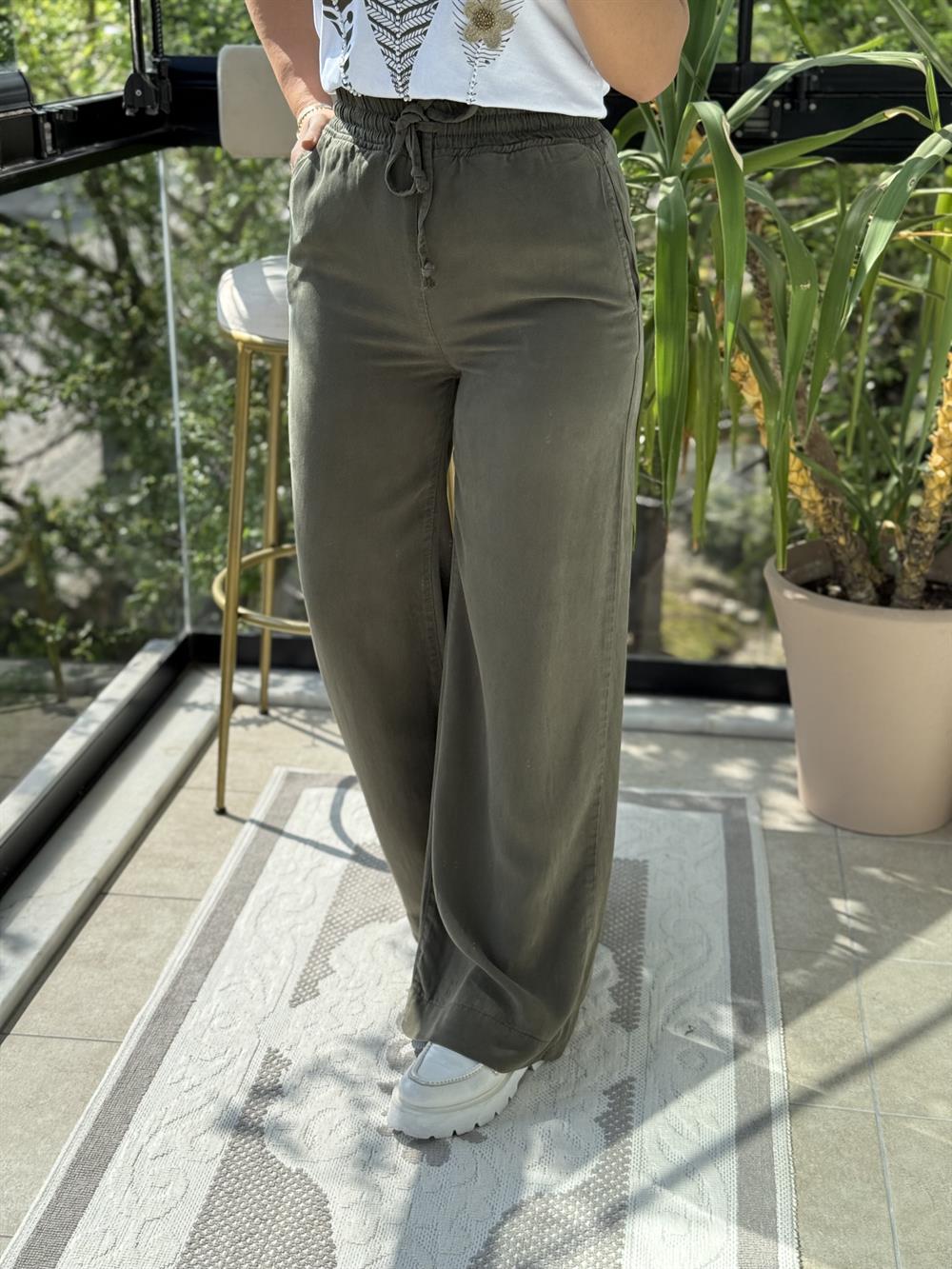 Lastikli Palazzo Pantolon Yeşil