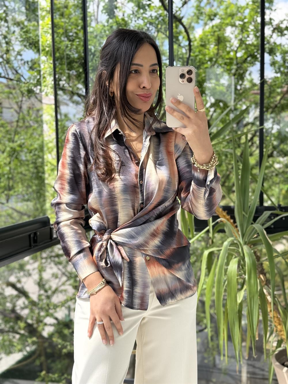 Yandan Bağlamalı Şifon Saten Gömlek Taba