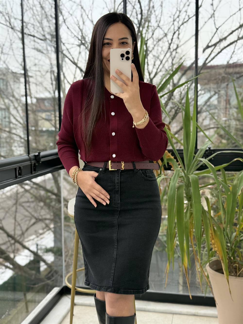 Triko Detaylı Bluz Bordo