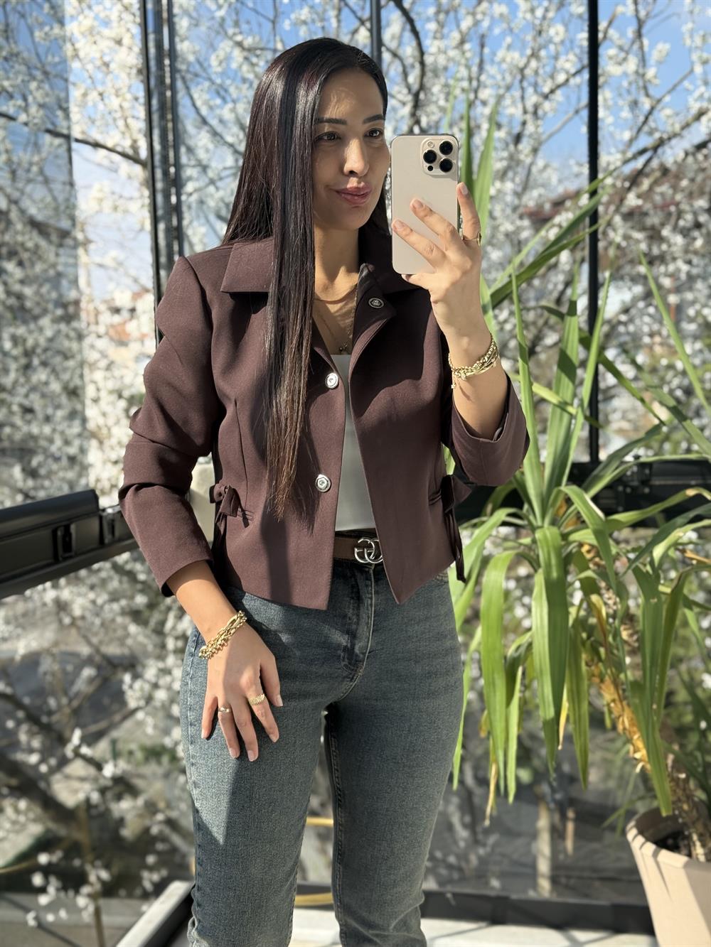 Uzun Kol Fiyonklu Blazer Ceket Kahve