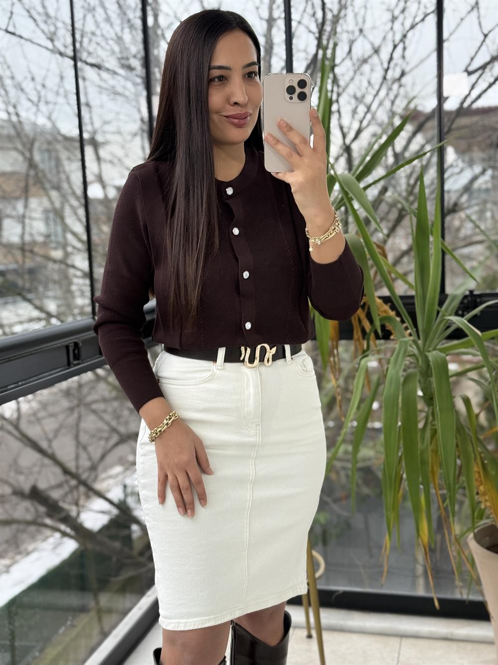 Triko Detaylı Bluz Kahve