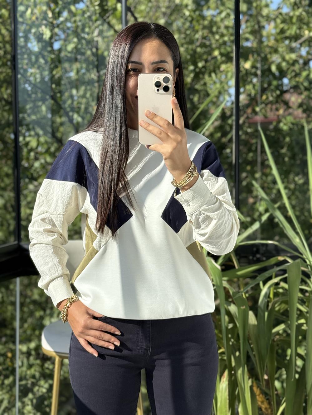 Gömlek Kol Mix Sweatshirt Beyaz