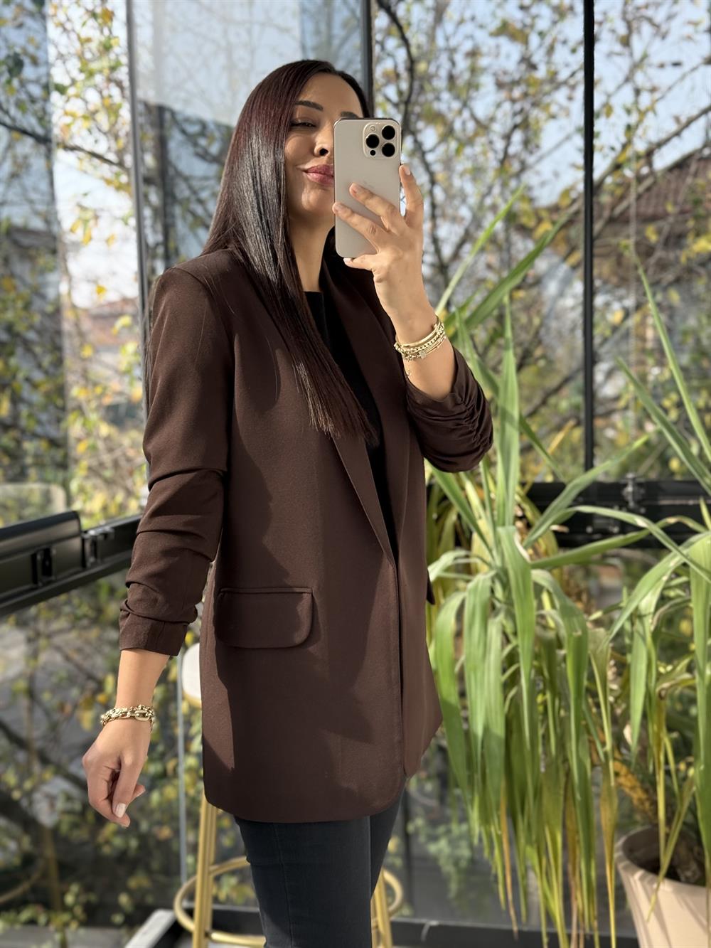 Kolu Büzgülü Blazer Ceket Kahve