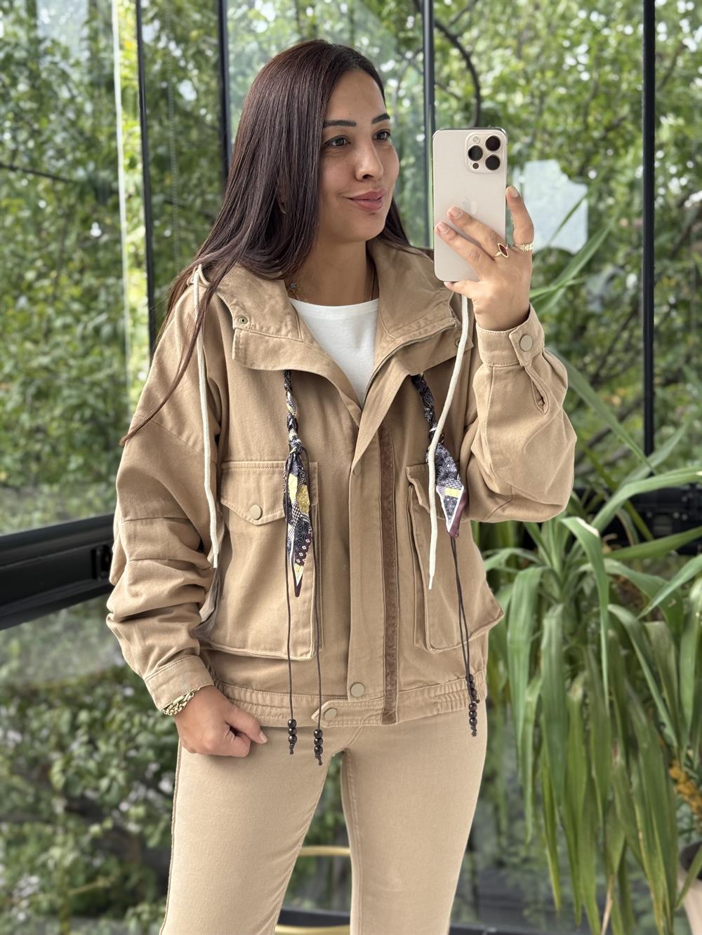 Kapüşonlu Kot Ceket Camel
